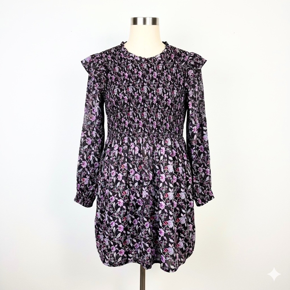 GAP Womens Floral Print Long Sleeve Ruffle‎ Trim Smocked Mini Dress Large Boho